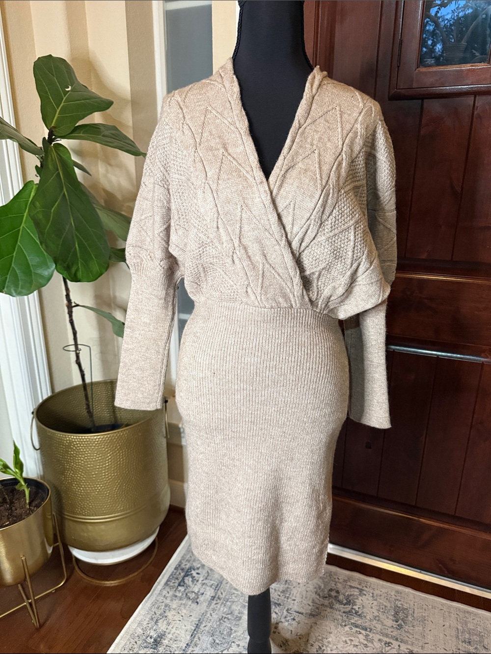 Cupshe Beige Cable-Knit Wrap Sweater Dress - Picture 2 of 9